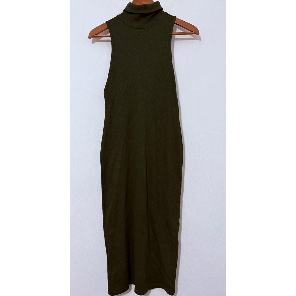 Zara Ribbed Knit Stretch Jersey Tank Dress Olive Green Medium Turtle Neck